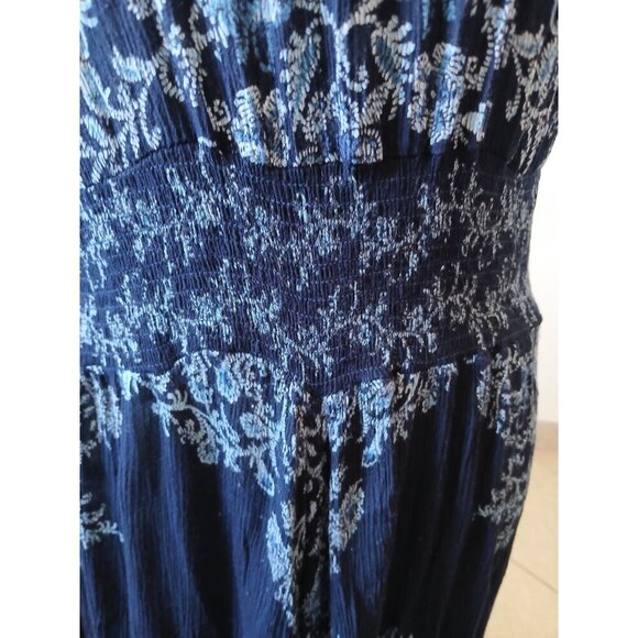 Bila Womens Maxi Dress L Blue Floral Smocked Split Neck Sleeveless Double Slit - Picture 11 of 16